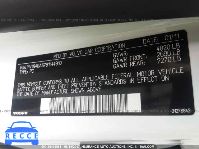 2011 VOLVO S80 3.2 YV1940AS7B1144910 image 8