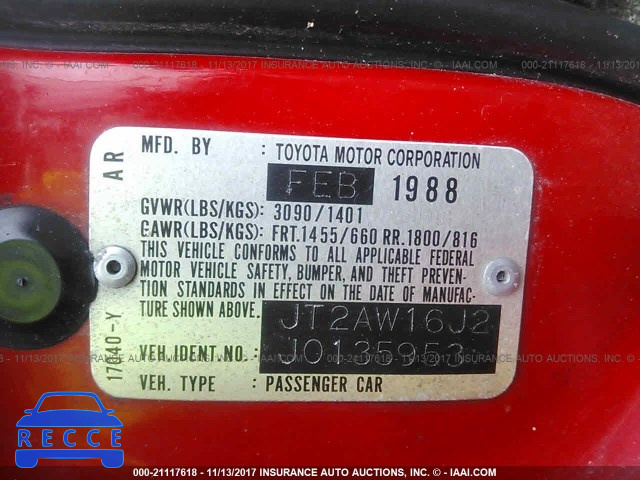 1988 TOYOTA MR2 T-BAR S/C JT2AW16J2J0135953 зображення 8