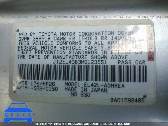1991 TOYOTA TERCEL DELUXE JT2EL43B3M0123551 image 8