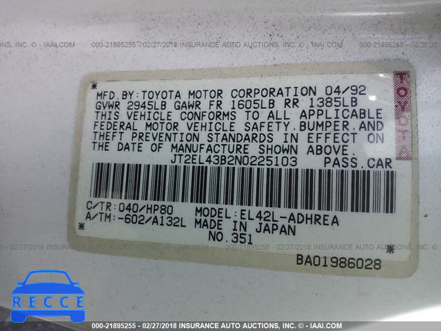 1992 TOYOTA TERCEL DELUXE JT2EL43B2N0225103 зображення 8