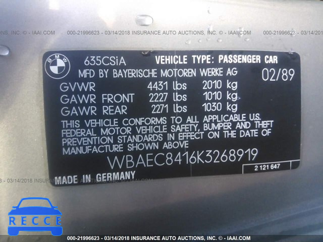 1989 BMW 635 CSI AUTOMATICATIC WBAEC8416K3268919 image 8