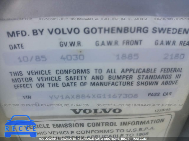 1986 VOLVO 244 DL/GL YV1AX884XG1167308 image 8