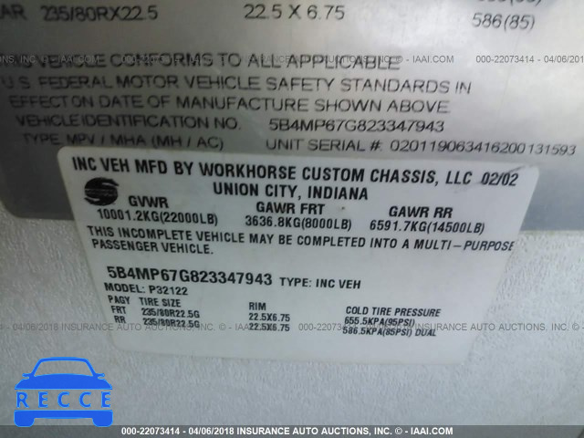 2002 WORKHORSE CUSTOM CHASSIS MOTORHOME CHASSIS W22 5B4MP67G823347943 image 8