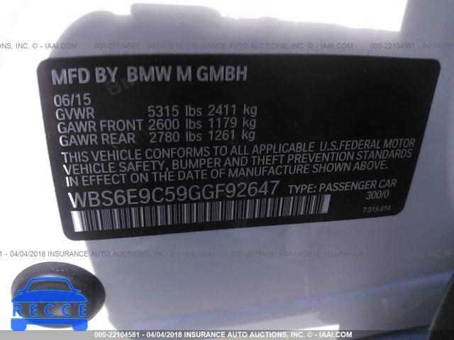 2016 BMW M6 GRAN COUPE WBS6E9C59GGF92647 зображення 8