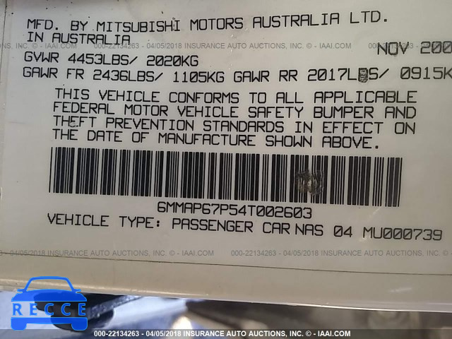 2004 MITSUBISHI DIAMANTE LS 6MMAP67P54T002603 image 8