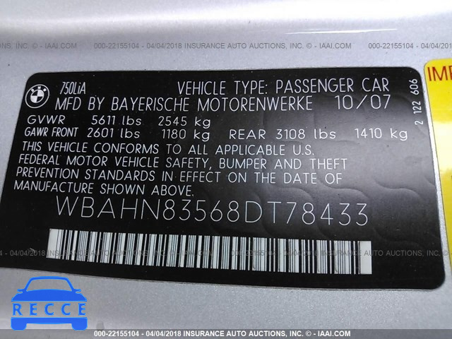 2008 BMW 750 LI WBAHN83568DT78433 image 8
