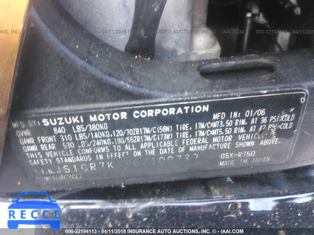2006 SUZUKI GSX-R750 K6 JS1GR7KA962100737 image 9