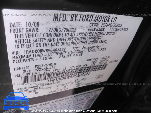 2009 FORD TAURUS X EDDIE BAUER 1FMDK08W89GA03622 image 8