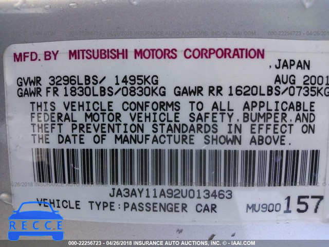 2002 MITSUBISHI MIRAGE DE JA3AY11A92U013463 image 8