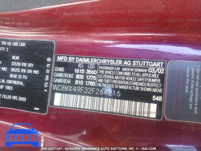 2002 MERCEDES-BENZ SLK 230 KOMPRESSOR WDBKK49F32F264216 Bild 8