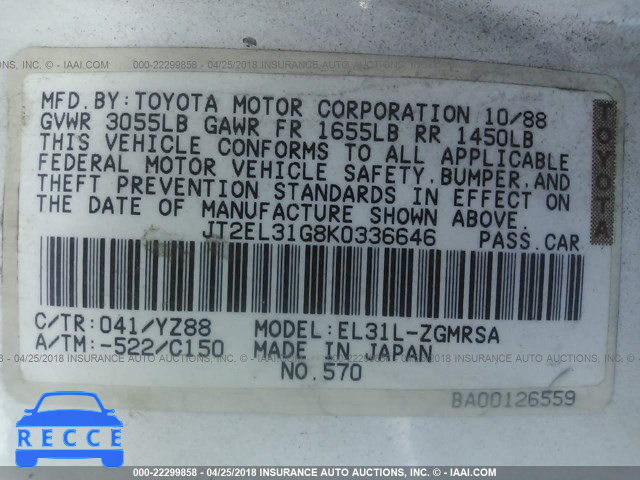 1989 TOYOTA TERCEL JT2EL31G8K0336646 image 8