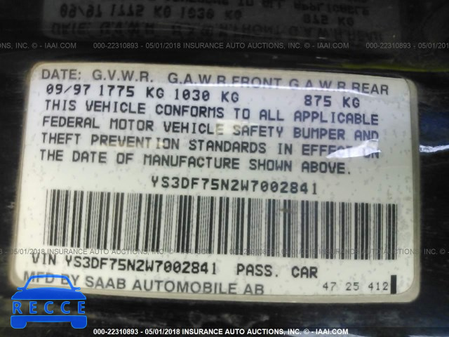 1998 SAAB 900 SE TURBO YS3DF75N2W7002841 image 8