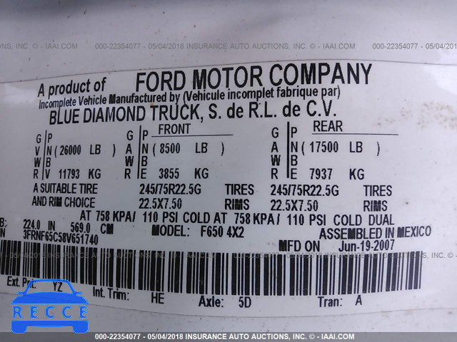 2008 FORD F650 SUPER DUTY 3FRNF65C58V651740 зображення 9