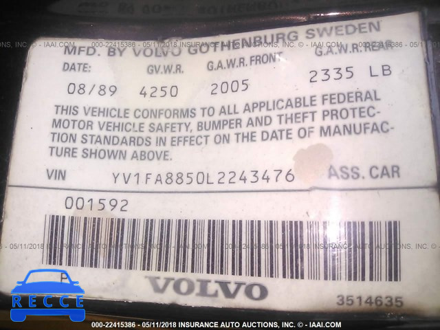 1990 VOLVO 740 GL YV1FA8850L2243476 image 8