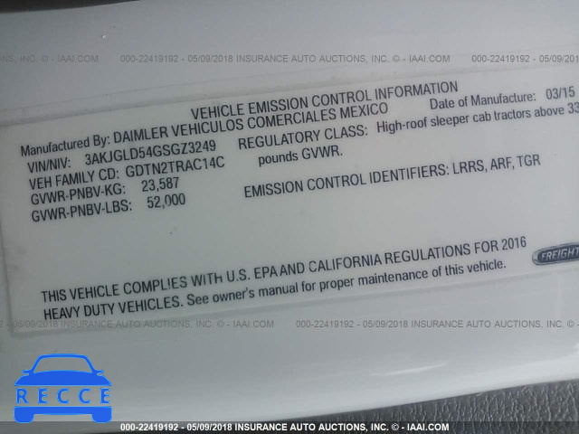 2016 FREIGHTLINER CASCADIA 125 3AKJGLD54GSGZ3249 image 9