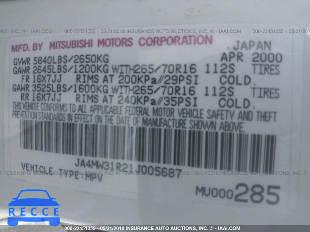 2001 MITSUBISHI MONTERO XLS JA4MW31R21J005687 image 8