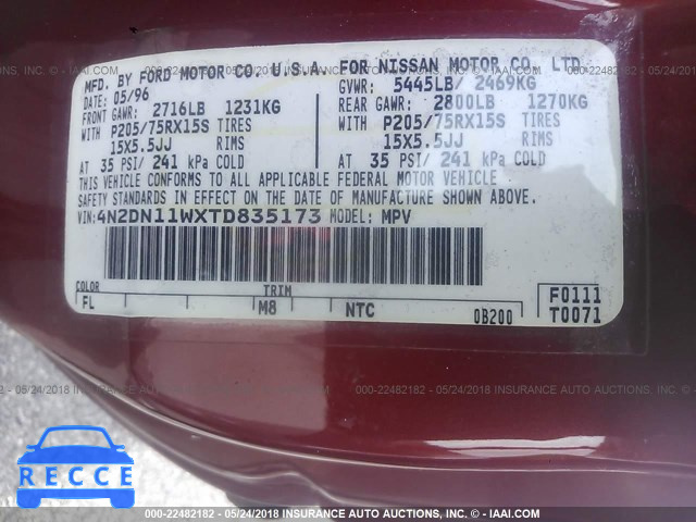 1996 NISSAN QUEST XE/GXE 4N2DN11WXTD835173 зображення 8