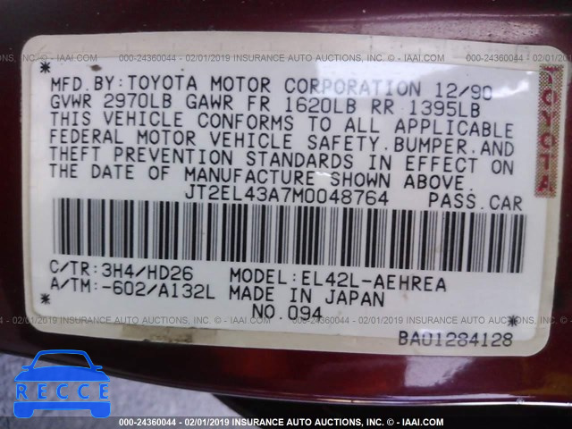 1991 TOYOTA TERCEL DELUXE JT2EL43A7M0048764 image 7