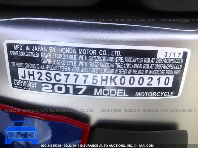 2017 HONDA CBR1000 SP JH2SC7775HK000210 зображення 9