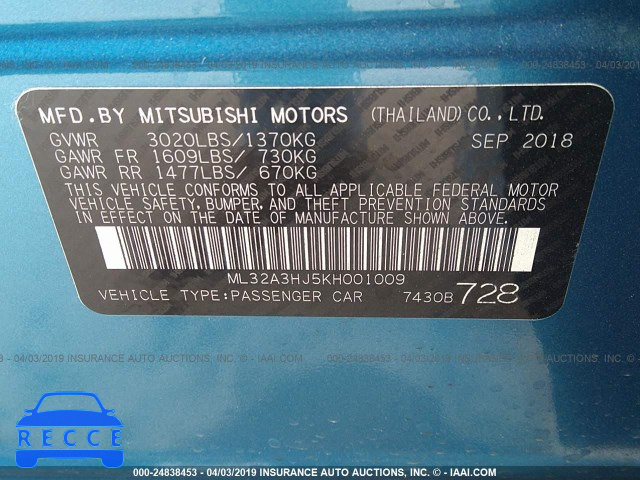 2019 MITSUBISHI MIRAGE ES/RF ML32A3HJ5KH001009 зображення 8