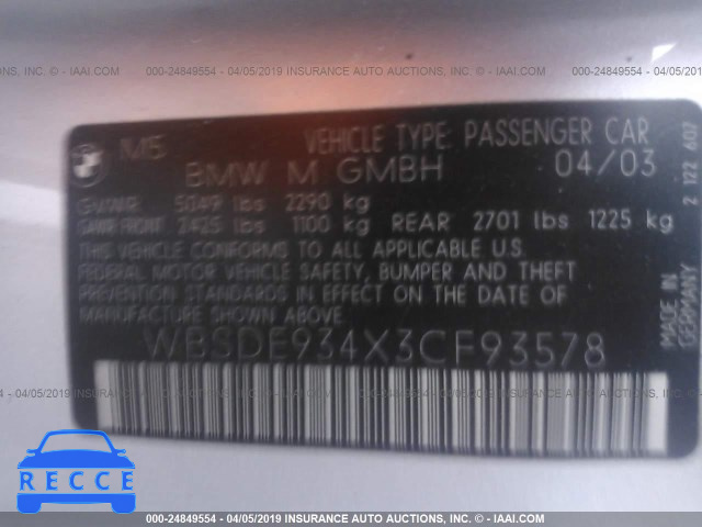 2003 BMW M5 WBSDE934X3CF93578 image 7