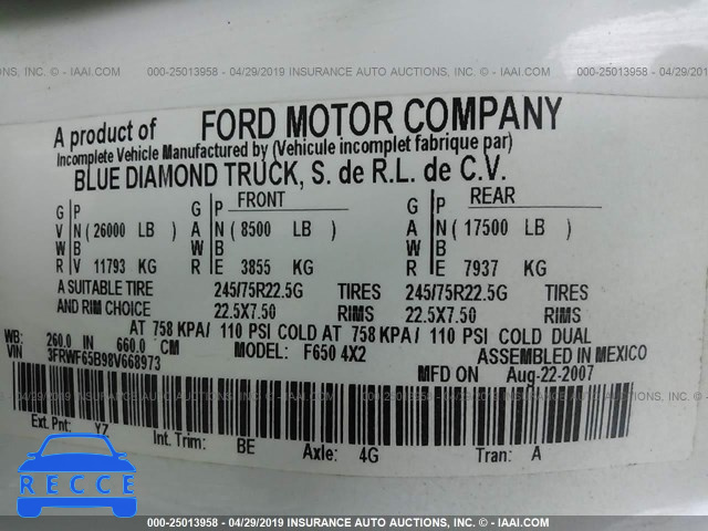 2008 FORD F650 SUPER DUTY 3FRWF65B98V668973 зображення 8