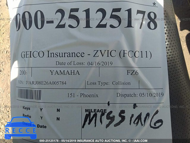 2006 YAMAHA FZ6 S JYARJ08E26A005784 image 6