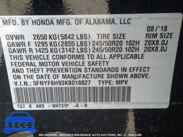 2019 HONDA PILOT TOURING 5FNYF6H93KB018827 image 8