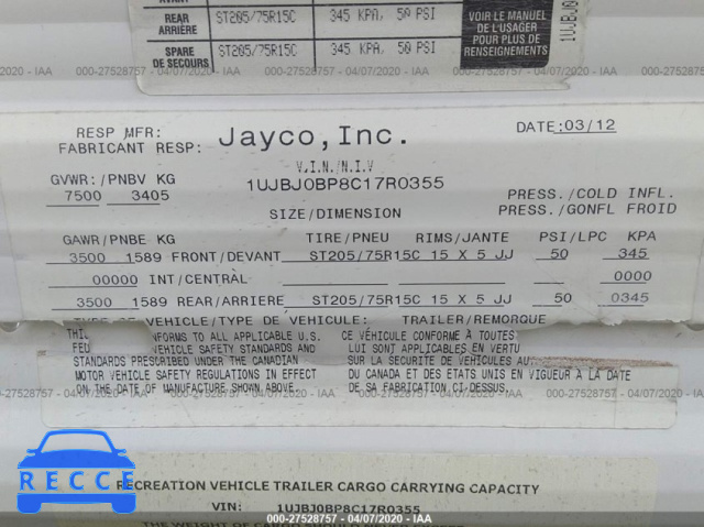 2012 JAYCO OTHER 1UJBJ0BP8C17R0355 зображення 7