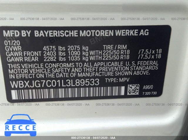 2020 BMW X1 SDRIVE28I WBXJG7C01L3L89533 image 8
