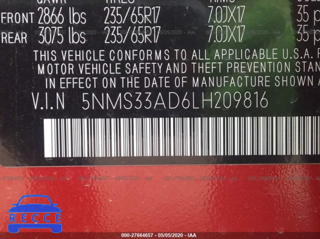2020 HYUNDAI SANTA FE SEL/SEL PLUS 5NMS33AD6LH209816 image 7