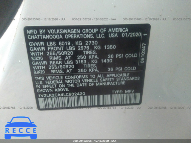 2020 VOLKSWAGEN ATLAS 3.6L V6 SE 1V2LR2CA4LC502420 image 8