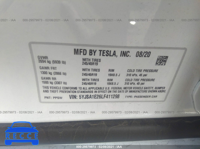 2020 TESLA MODEL S LONG RANGE 5YJSA1E26LF411298 зображення 8