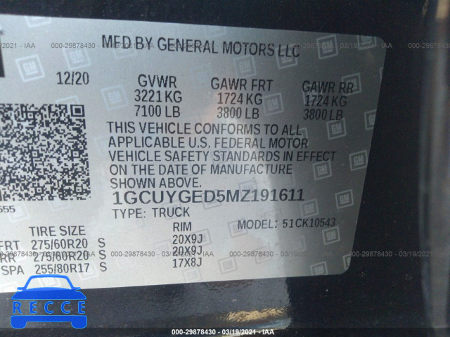 2021 CHEVROLET SILVERADO 1500 LTZ 1GCUYGED5MZ191611 image 8