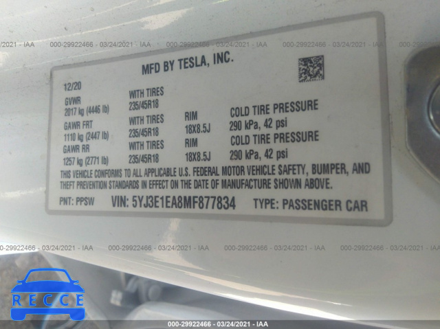 2021 TESLA MODEL 3 STANDARD RANGE PLUS 5YJ3E1EA8MF877834 image 8