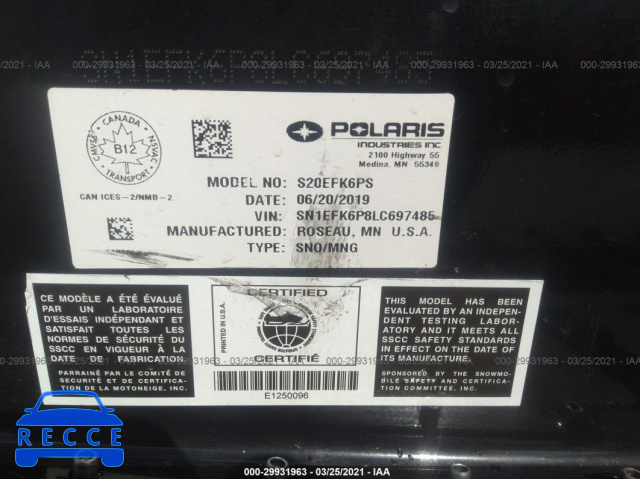 2020 POLARIS 600 PRO-RMK 155  SN1EFK6P8LC697485 image 8