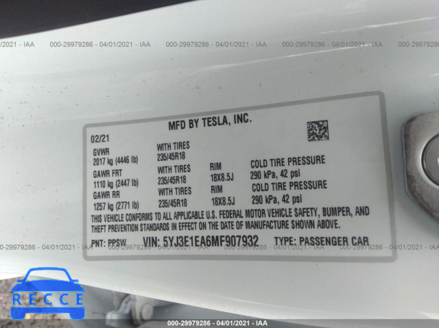 2021 TESLA MODEL 3 STANDARD RANGE PLUS 5YJ3E1EA6MF907932 image 8