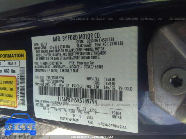 2019 FORD MUSTANG ECOBOOST 1FA6P8TH5K5189794 image 8