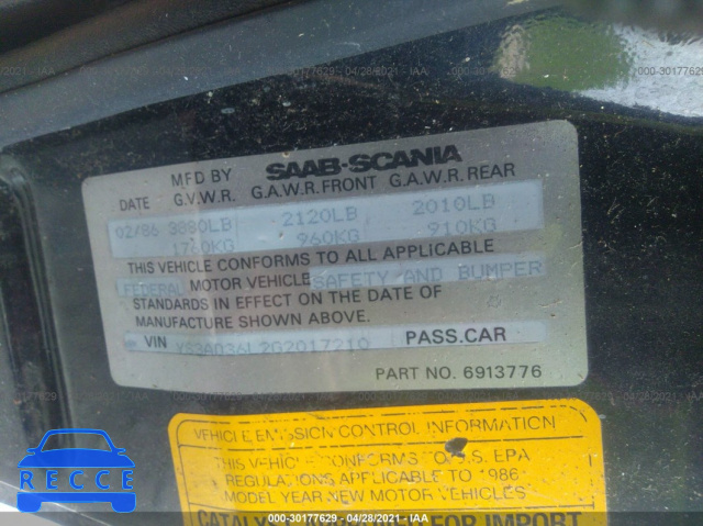 1986 SAAB 900  YS3AD36L2G2017210 image 8