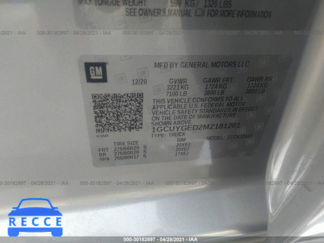2021 CHEVROLET SILVERADO 1500 LTZ 1GCUYGED2MZ181201 image 8