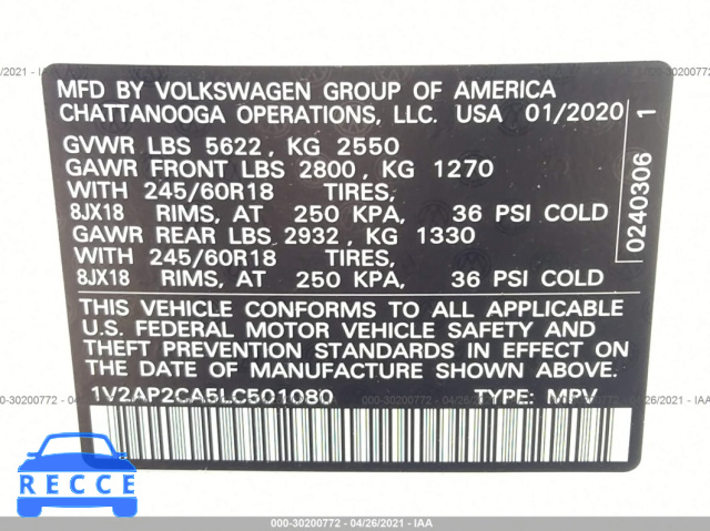 2020 VOLKSWAGEN ATLAS 2.0T S 1V2AP2CA5LC501080 image 8
