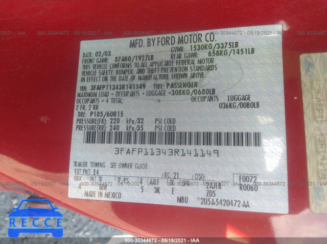 2003 FORD ZX2 ZX2 3FAFP11343R141149 image 8