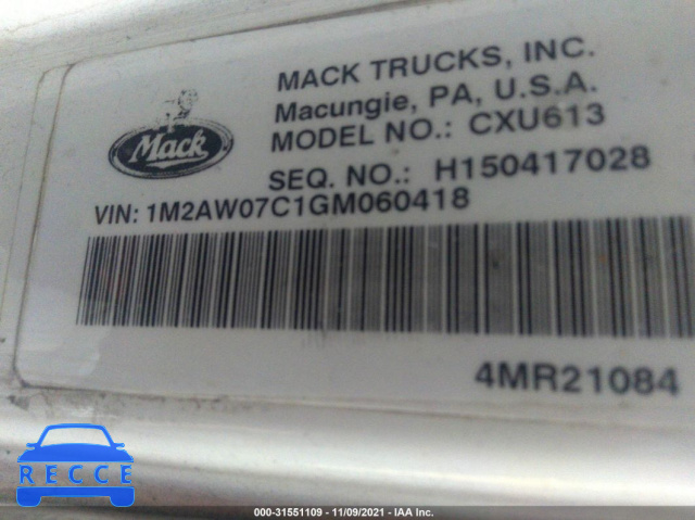 2016 MACK CXU613 CXU600 1M2AW07C1GM060418 image 8