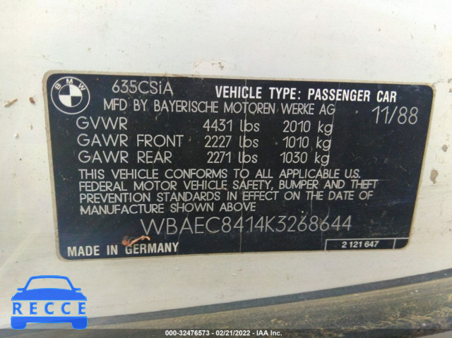 1989 BMW 635 CSI AUTOMATICATIC WBAEC8414K3268644 зображення 8