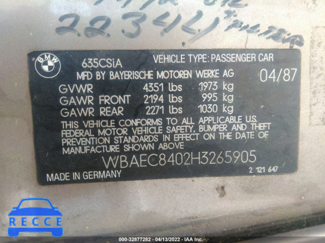 1987 BMW 635 CSI AUTOMATICATIC/L6 WBAEC8408H0613997 image 8