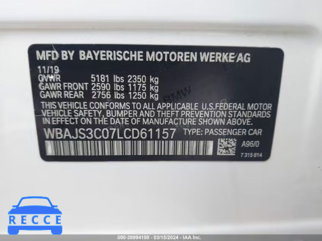 2020 BMW 540I XDRIVE WBAJS3C07LCD61157 image 8