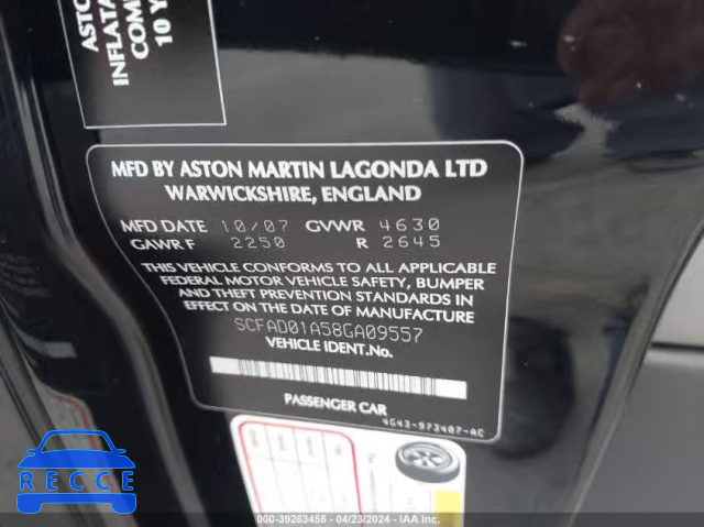 2008 ASTON MARTIN DB9 SCFAD01A58GA09557 image 8