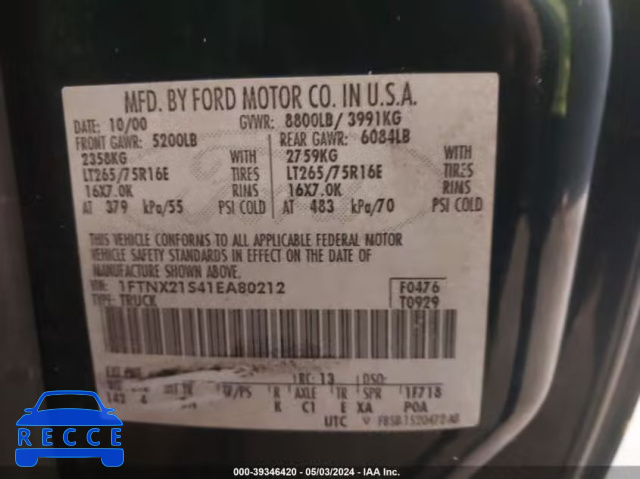 2001 FORD F-250 LARIAT/XL/XLT 1FTNX21S41EA80212 image 8