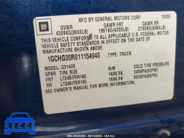 2001 CHEVROLET EXPRESS 1GCHG35R011154940 image 8