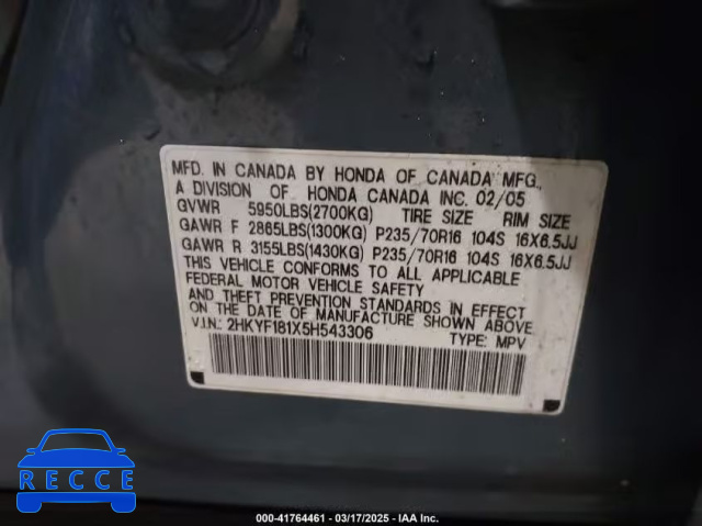 2005 HONDA PILOT LX 2HKYF181X5H543306 image 8